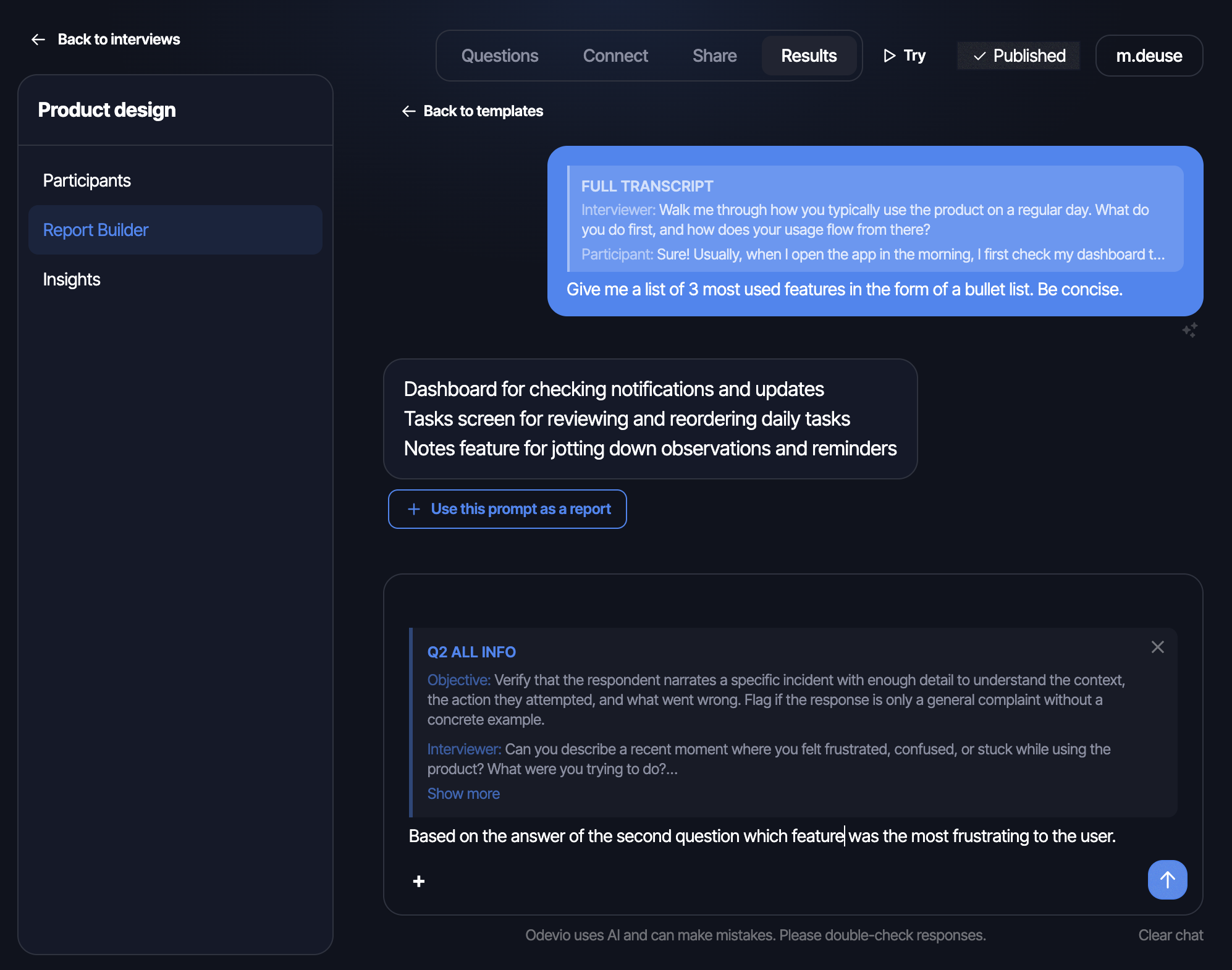 Odevio report builder with AI-generated insights and cross-interview analysis